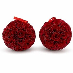 Set of 2 Red Rose Ball Ornaments – Floral Hanging Decor – Valentine Wedding
